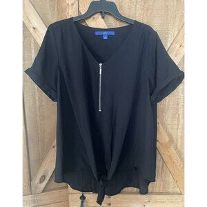 APT 9 Blouse Zip V-Neck Black Tie Waist Cocktail Shirt Small Dressy Shirt